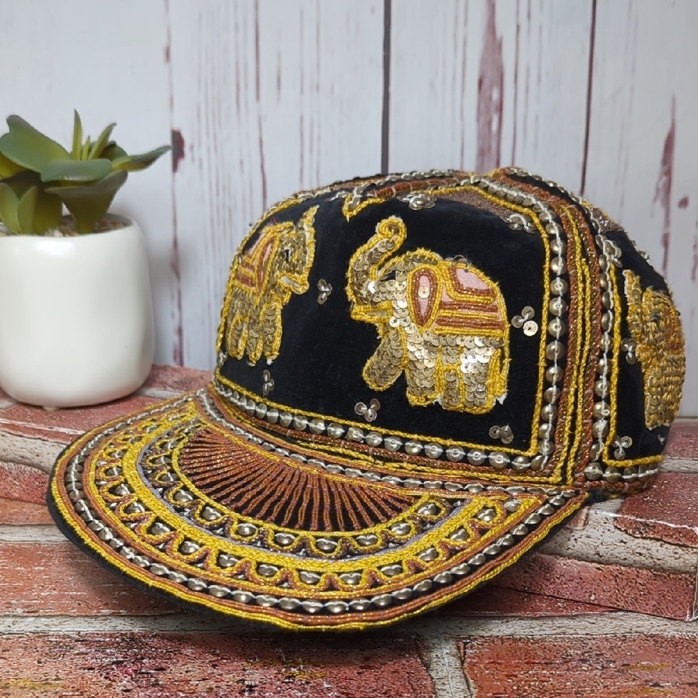 Vtg Kalaga Embroidered Elephant Tapestry Cap‎ Beaded Sequin Black Velvet Mynamar